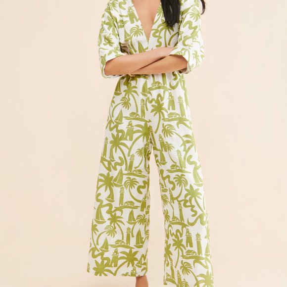 Girl & The Sun (Hunter Wide Leg Jumpsuit in Light Green & White) - Picture 1 of 4